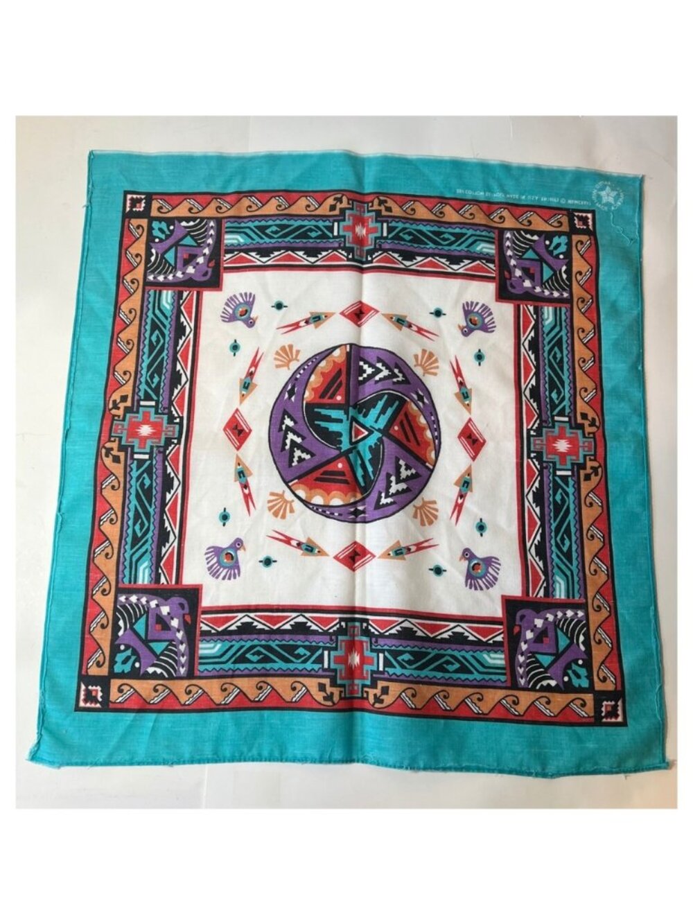 Vintage Wamcraft Bandana Southwestern Thunderbird Geometric Turquoise USA Made